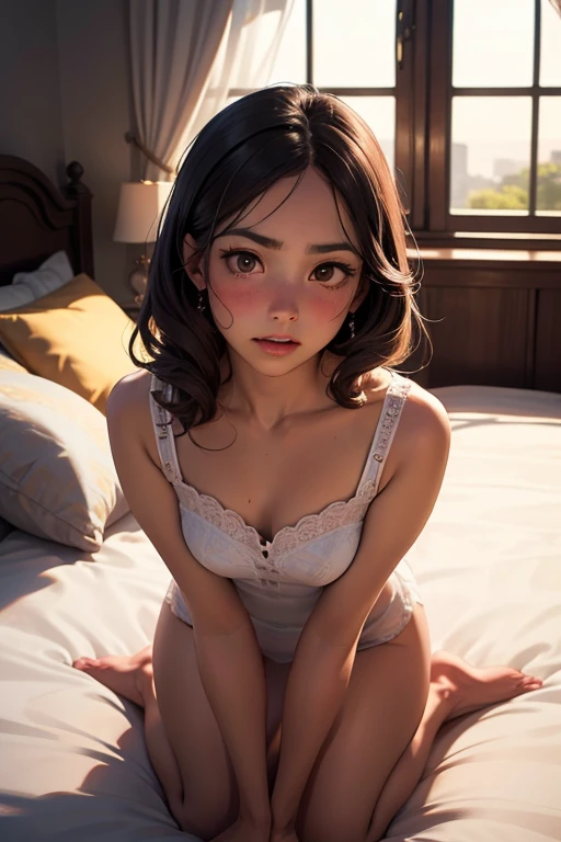 photorealestic, realisticlying, tmasterpiece, best qualtiy, 1girll, 独奏, on bedroom, looking at viewert, ssmile,c-chest,Small face