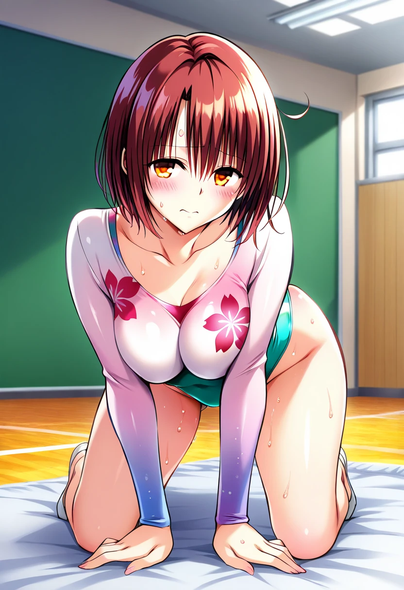 NSFW　(Highest quality:1.5, High resolution, uhd, 4K, Detailed lighting, Shaders), ((Misaka Mikoto)) ,solo short hair　Brown Hair　Brown eyes　Cool face　　Volleyball Uniforms　Realistic gym　 Sweat　Super oily skin　　Preparing for exercise　No ball　No sleeve　Cowboy Shot: Realistic locker room　blush　depressed　Face distorted by pleasure　Resisting Pleasure　Blushing cheeks　wet Nipples licked　Overflowing body fluids　Spurting body fluids　((Lean back)) (((Ecstasy)))++　Completely naked　topless