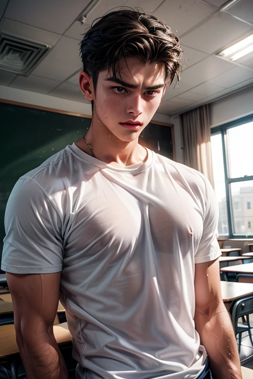 See through white shirt, Super Realistic photography, PROUDLY SHOWING OFF HIS BODY, white uniform shirt, UNIFORM, Cute tern student Wearing uniform shirt, NO PANTS, CLOSED UP DETAILED, sexy student, wearing soaked unbutton white shirt, ABS EXPOSED, Very wet body, very wet, crowded classroom, wearing socks, pantless just wearing soaked white micro undies, Showing off his very hairy armpits, Slim fit body, ager body, Shota, very cute boy face, 17 y, Very young teenager boy, Amg classroom scenery, in the middle of Crowded classroom, dickprint, Sweat dripping all over the body, Proudly showing off his sweaty very hairy armpits to student in the classroom, The colors are bright and vibrant, enhancing the overall aesthetic. The lighting is soft and natural, casting a soft glow on the boy, don't merge body's, detailed eyes and lips, sixpack and fit body. Image quality is of the highest standard, with ultra-detailed features and a realistic appearance.