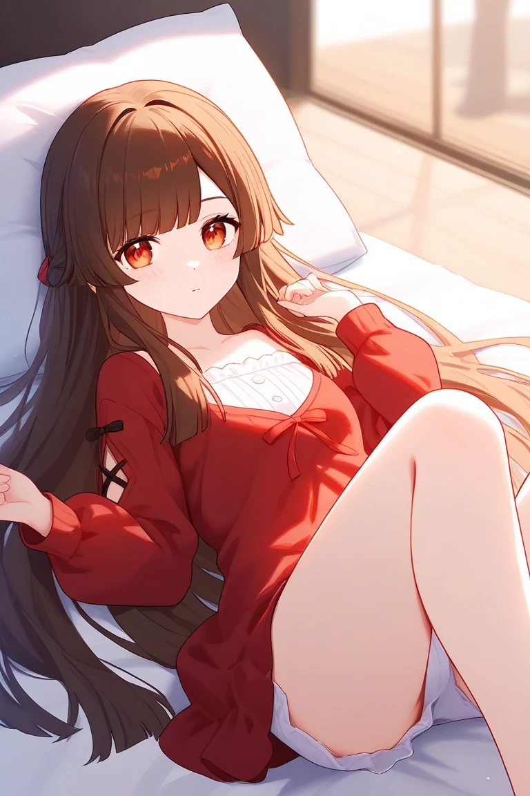 1girl,20y.o,red underwear,brown hair,mullet haircut,long hair,ponytail hairstyle,light red eyes,Bedroom background,lying on the bed.
