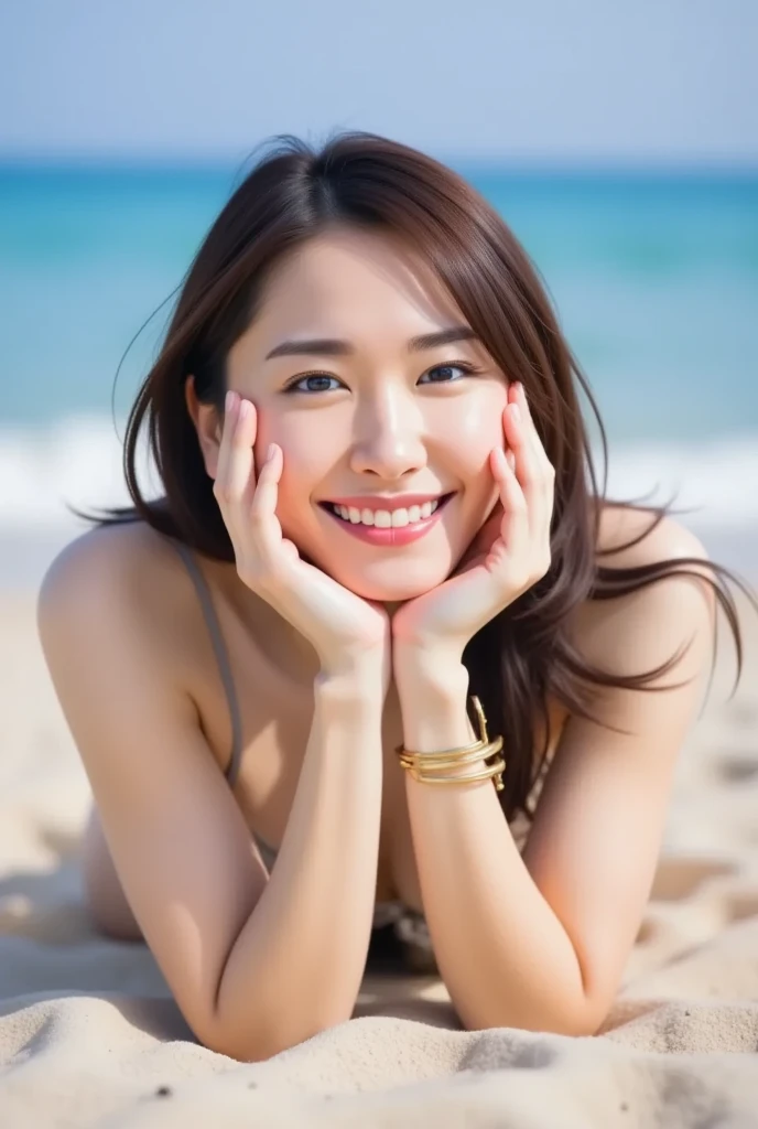 masterpiece, highest quality, Photoreal, Super detailed, finely, High resolution, 8k wallpaper, Professional, Advanced level of detail, College girls having fun on the sandy beach, slender Japanese woman, ((facing the front)), detailed clavicle, Medium chest、perfect face, medium long hair, yellow bikini、gentle smile