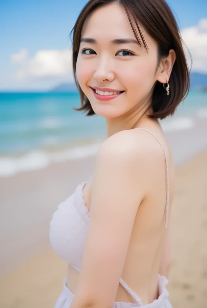 masterpiece,best quality,(Japanese ),((Beautiful girl)),,(perfect body beauty:1.2),(shy smile),beautiful teeth,(straw hat),(seaside),