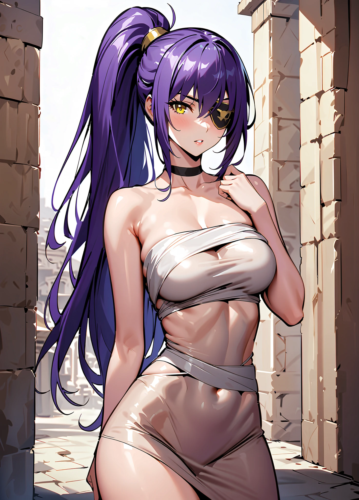 (table top, highest quality:1.2), 1 girl, alone,( dynamic angle,:1.1) mature, 100facehassan, destiny, (dark gray skin:1.2), blue eyes, long hair, purple hair, ponytail, big lips, blank expression, gold jewelry, big breasts, pants, Tight, belly button, abs, hoop earrings, halter neck, Dark background, background、realistic, Plump buttocks, slender body, Tightウエスト, from low behind 5meters, lingerie sweat