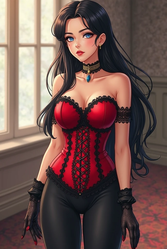 (dark theme:0.9), medieval, three-quarter view, sexy woman posing, thighs, futanari, penis, small veiny penis, erection, bottomless, arms behind back, pointy ears, black hair, blue eyes, looking at viewer, ponytail, huge breasts, red lipstick, earrings, sexy stare, (bedroom eyes), dark colors, Volumetric lighting, baroque oil painting, dynamic lighting, hyperdetailed, intricately detailed, (hdr:1.22), vivid colors, complex background, hyperrealism, hyperdetailed