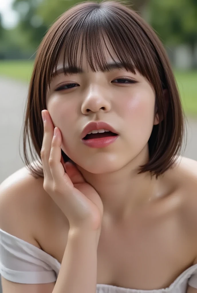 (A woman is giving a blowjob on all fours)、(Browsing Caution), Masterpiece、8k wallpaper、Subjective shooting、Brown Hair, French Braid, short hair, Twin tails, (((Anatomically correct)))、19 years old, Sweat, Wet Skin, Shiny skin, Beautiful face in every detail,(cry、sad、Troubled face、it hurts、rejection)、Taking off panties、 adachi rika、Rika Adachi、orgasm, ((Blow to the viewer:1.6))、Open your mouth, Place your hand on your chin, Drooling, Detailed vagina、((Squirting)), (Huge breasts、Big Breasts、), (View your viewers), ((Drooling)), (((Vaginal intercourse with a man:1.4),Detailed penis, Detailed genitalale lower abdomen、((In the shade of the forest)), Lift your legs、Focus on the face、