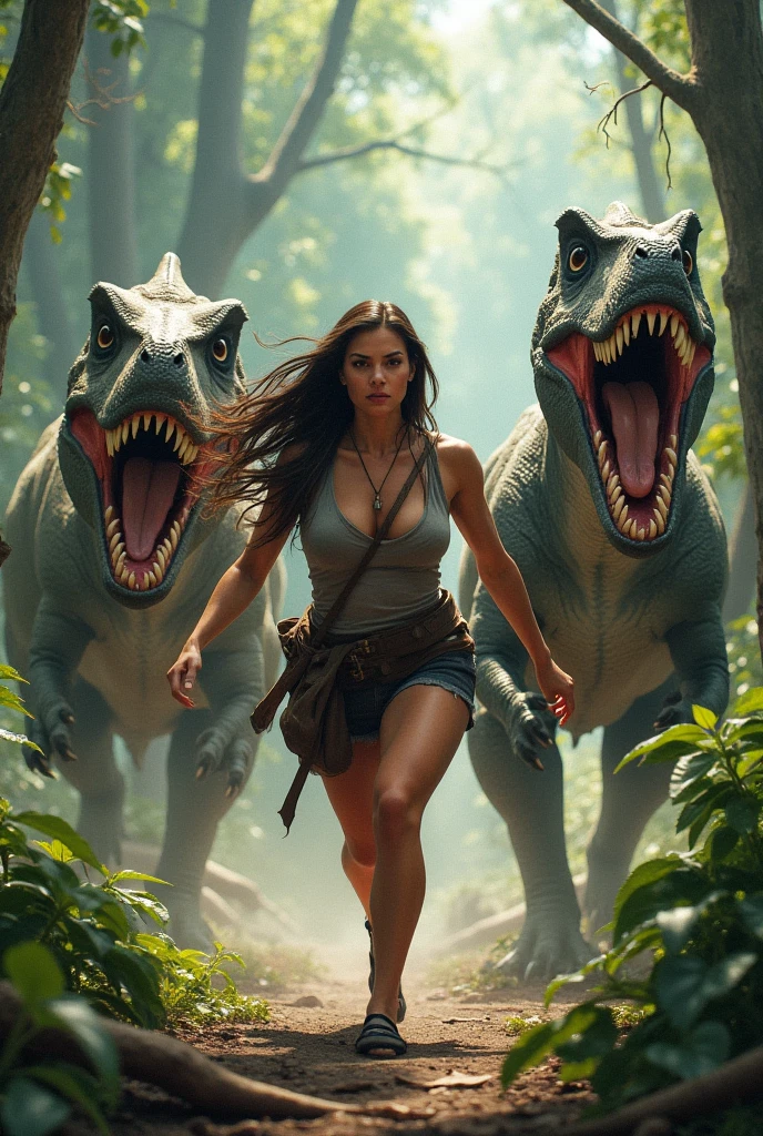 cinematic film photo,beautiful woman in a jungle hiding behind a tree,scared,in the background is an enormous Tyrannosaurus is searching for hiding woman,holding high powered rifle,wearing tatical gear,looking over shoulder,dark and stormy night,raining,bright moon light,high budget,hyperdetailed,intricate details,4k textures,4k resolution,(masterpiece),<lora:naoscott_xl_1_standard_wo_cap:1>,