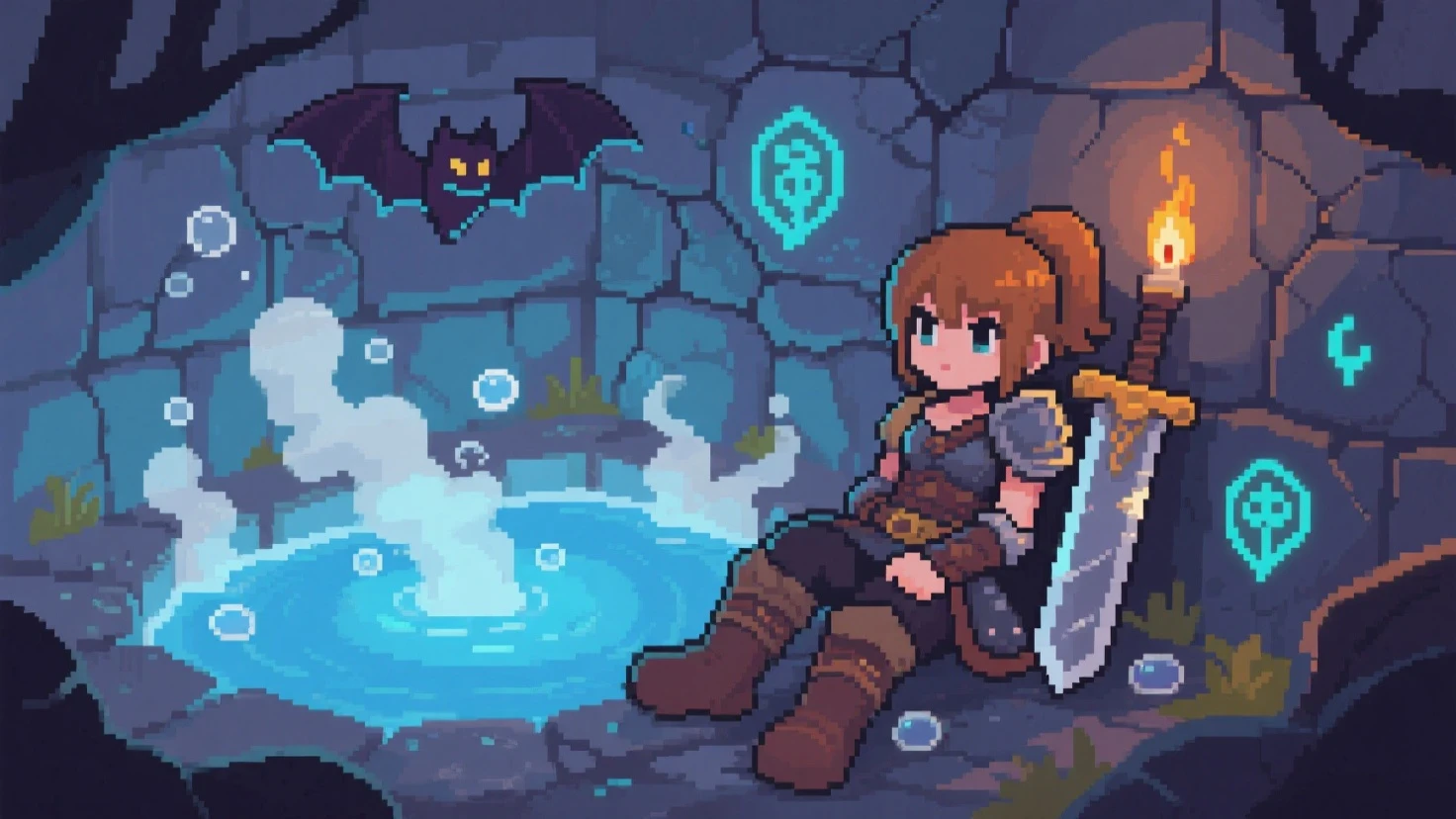 Pixel girl warrior resting her sword beside the hot spring, steam rising, cracks in the stone walls glowing with runes, a bat familiar hanging overhead, subtle animation of bubbles and flickering torchlight, peaceful after a pixel battle.