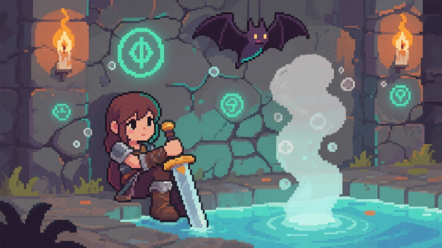Pixel girl warrior resting her sword beside the hot spring, steam rising, cracks in the stone walls glowing with runes, a bat familiar hanging overhead, subtle animation of bubbles and flickering torchlight, peaceful after a pixel battle.