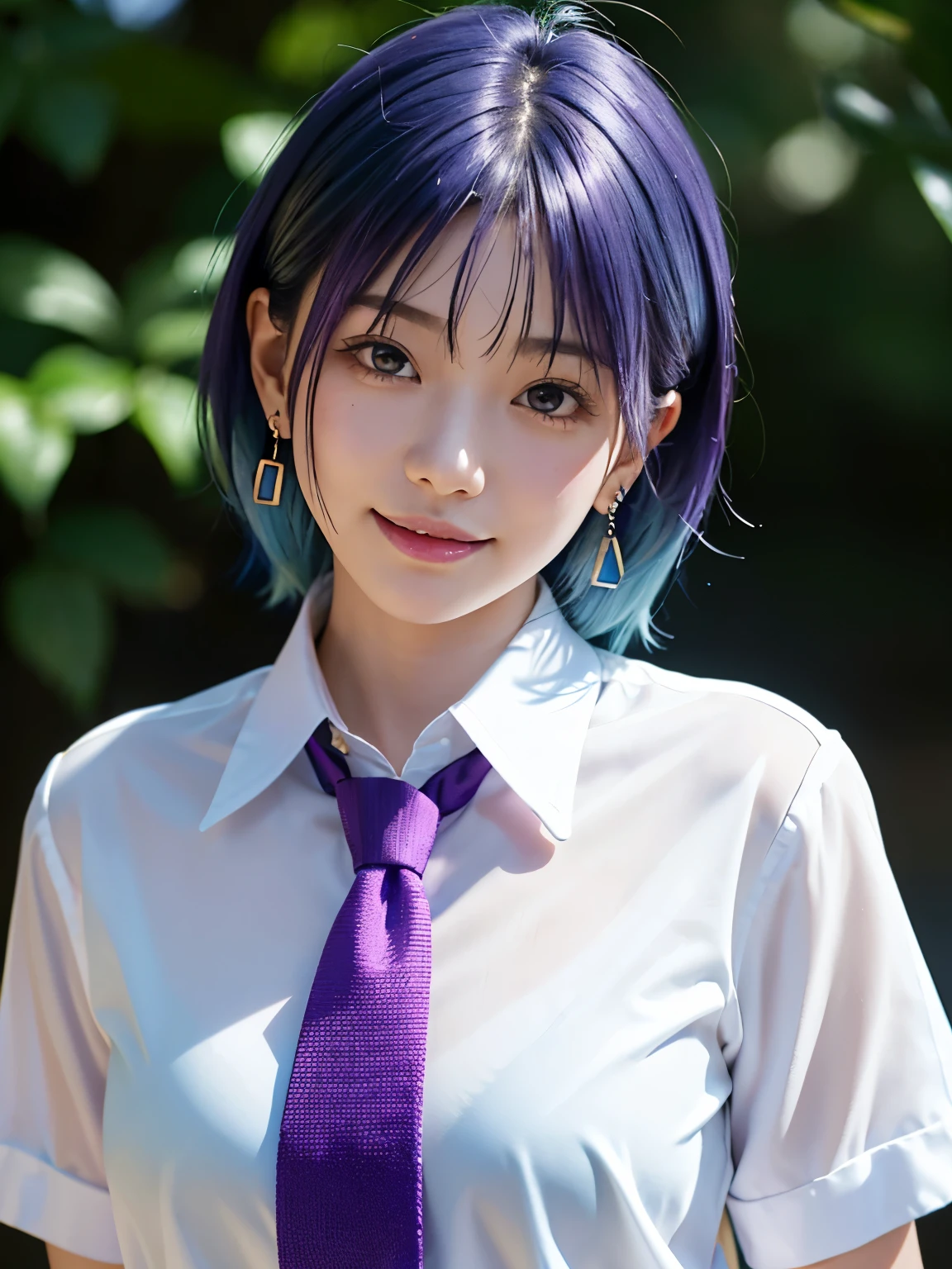 masterpiece, best quality, highly detailed, 8k uhd, (photorealistic:1.4), 
realistic skin, detailed skin texture,
1girl, 18 years old, japanese girl, japanese idol, cute, gentle smile, soft feminine features,
upper body, looking at viewer, (Portrait:1.2), standing, (dynamic pose:1.3), stylish pose,
BREAK
necktie, school uniforms, shirts, (white shirts:1.3), black ties, collared shirts, jewelry, earrings, nail polish,
BREAK
asakura_tooru_theidolmstershinycolors,
short_hair, bangs, ((blue hair, gradient hair, multicolored hair, parted bangs, purple hair)), jewelry, earrings, blue_eyes, smile, ahoge, parted_bangs, neckti