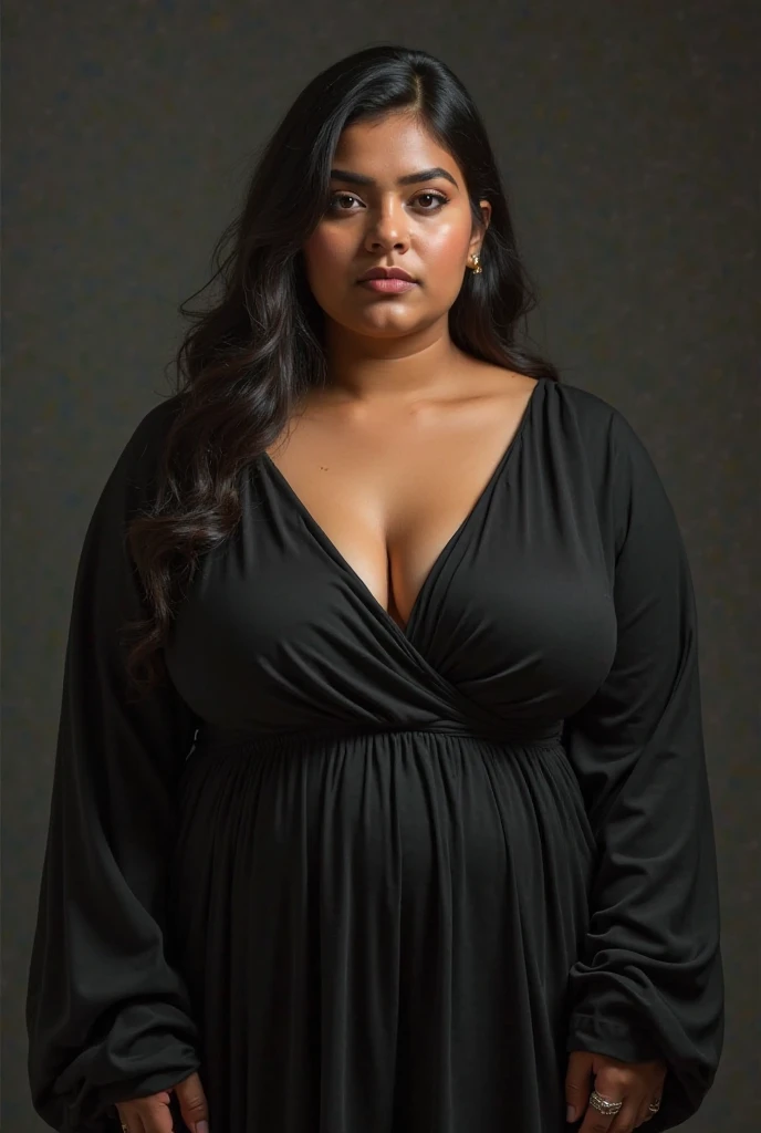 Chubby fat thick bbw nerdy latina young woman (20 years old), chubby belly, long straight black hair, wearing sexy black dress v-neck, Golden necklace,man hugging from behind, romantic kissing, passion Kiss, smiley expression,with several tall men, 4 men, in night club hallway, full body picture, view from the side