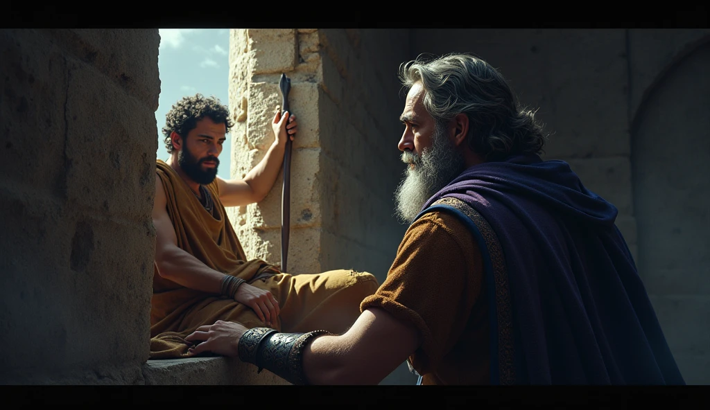 Create a depiction of the famous biblical scene where King Nebuchadnezzar, fica furioso e ordena seus soldados, Armed with spears, to launch Shadrach, Mesaque, e Abednego, Who are tied up and desperate, no forno em chamas. O forno deve estar em chamas, emitindo chamas intensas. Ensure the scene captures the drama and tension of the moment. Use contraste, cores quentes para acentuar o calor e a intensidade da cena