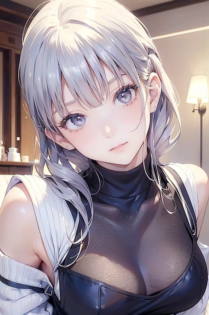 Best Quality,High resolution,8k,finelity detailed background,Masterpiece:1.2),beautiful girl,Glossy romance gray hair,messy hair,Gray eyes,Gentle look,A refreshing look,smile,Best quality,Best Quality,Aesthetic and aesthetic:1.2,Best details((Super detailed))(High-definition CG illustrations),summer uniform,Slender body,School,In the classroom,smile,blush,cute,Scrounge,Looking up,Being spoiled,super model