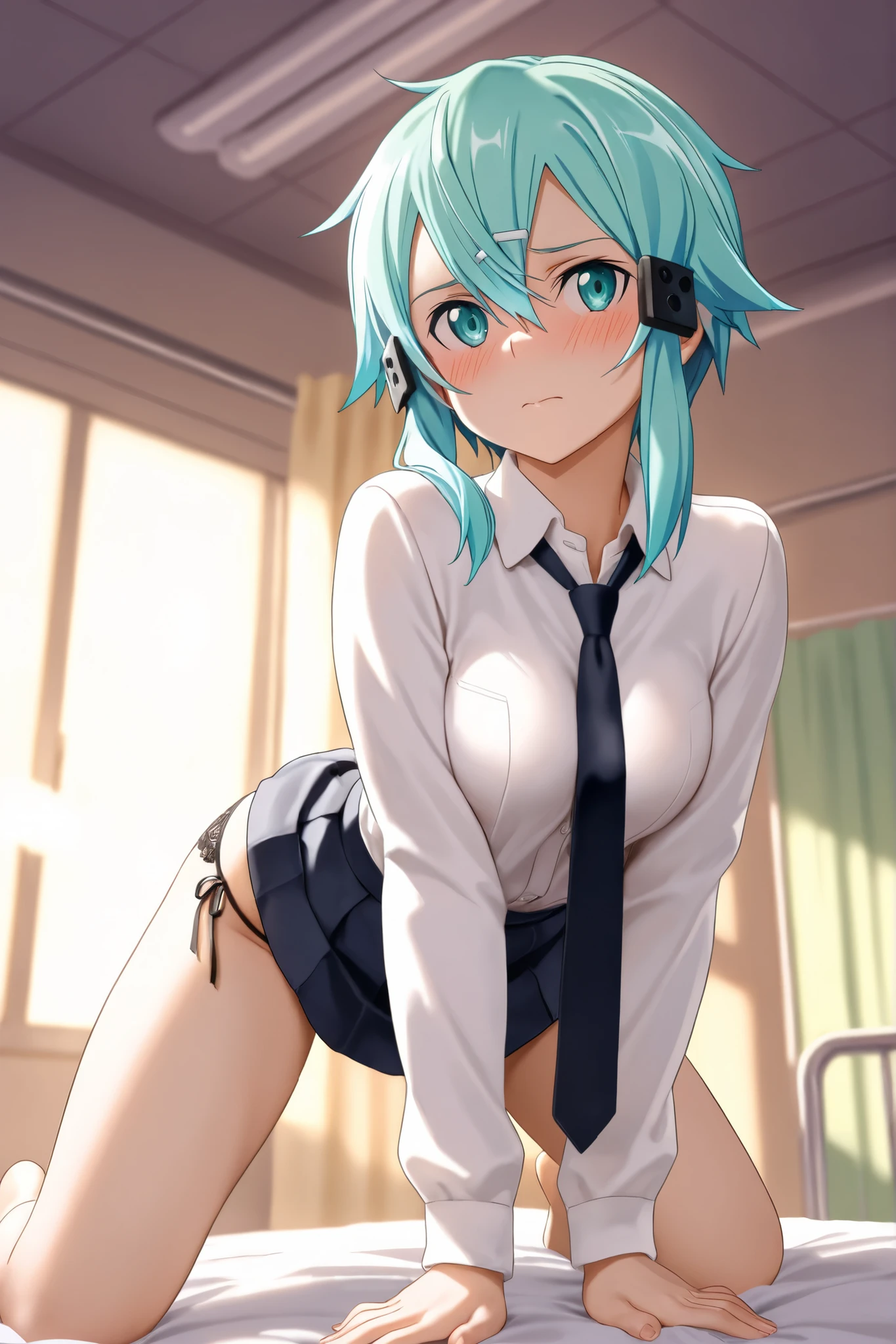 (One lady)、(​masterpiece)、(best qualtiy)、(ultra-detailliert)、(a high chroma)、((tre anatomically correct))、(CG Illustration)、highcontrast、Gravure Pose、urusei yatsura、Ram-chan、[Demon horn:-1.3]、(Sky Blue Eyeshadow)、(Fine and beautiful eyes)、Delicate beautiful face、Ram hairstyle、((dishevled hair))、((Schoolgirl Uniform))、White panties、(Buruma)、(Black stockings)、(beutiful breast :1.3)、teats 、((The best lighting))、simple background