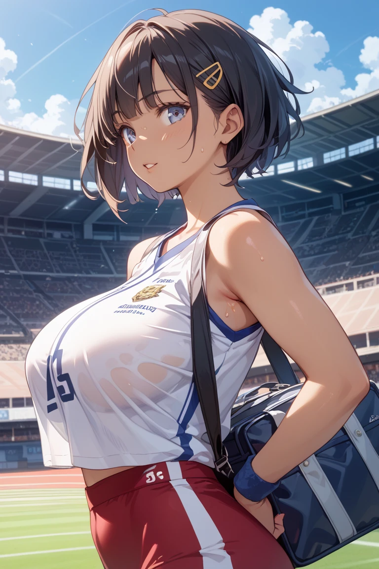 score_9,score_8_up,score_7_up,masterpiece,best quality, source anime, realistic, super detailed, extreme detailed, rating_safe,
1girl, solo, 22yo, short hair, bob cut, (blunt bangs), black hair, (tareme, detailed cute brown eyes), curled eyelashes, (large breasts:0.9),
shiny hair, beautiful detailed eyes, beautiful face,
(sport bra, racing highleg buruma, athletics uniform), Sprinting, dynamic pose, (sweat),
Stadium, audience,