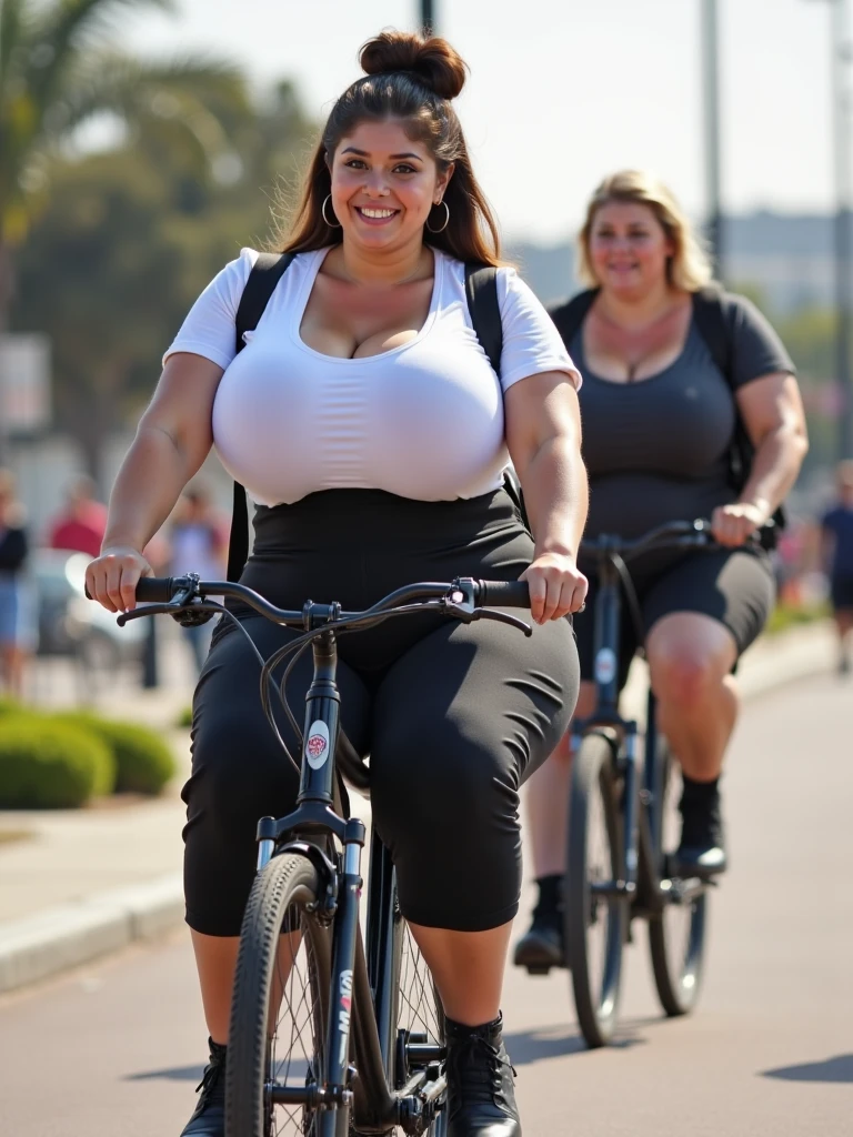 Make a realistic 4k image of a fat woman riding a bicycle in short shorts showing her panties