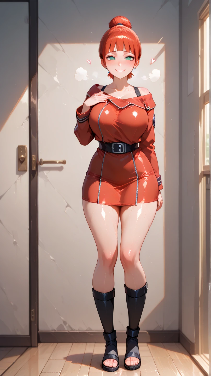 Best quality, Ultra-high resolution, ((orange color:1.3)), 1 girl, Beautiful woman, plump big breasts, Off-the-shoulder knit, Jacket, mini skirt, boots, Casual, orange colors((Very large breasts)),((Grooves reveal original skin))