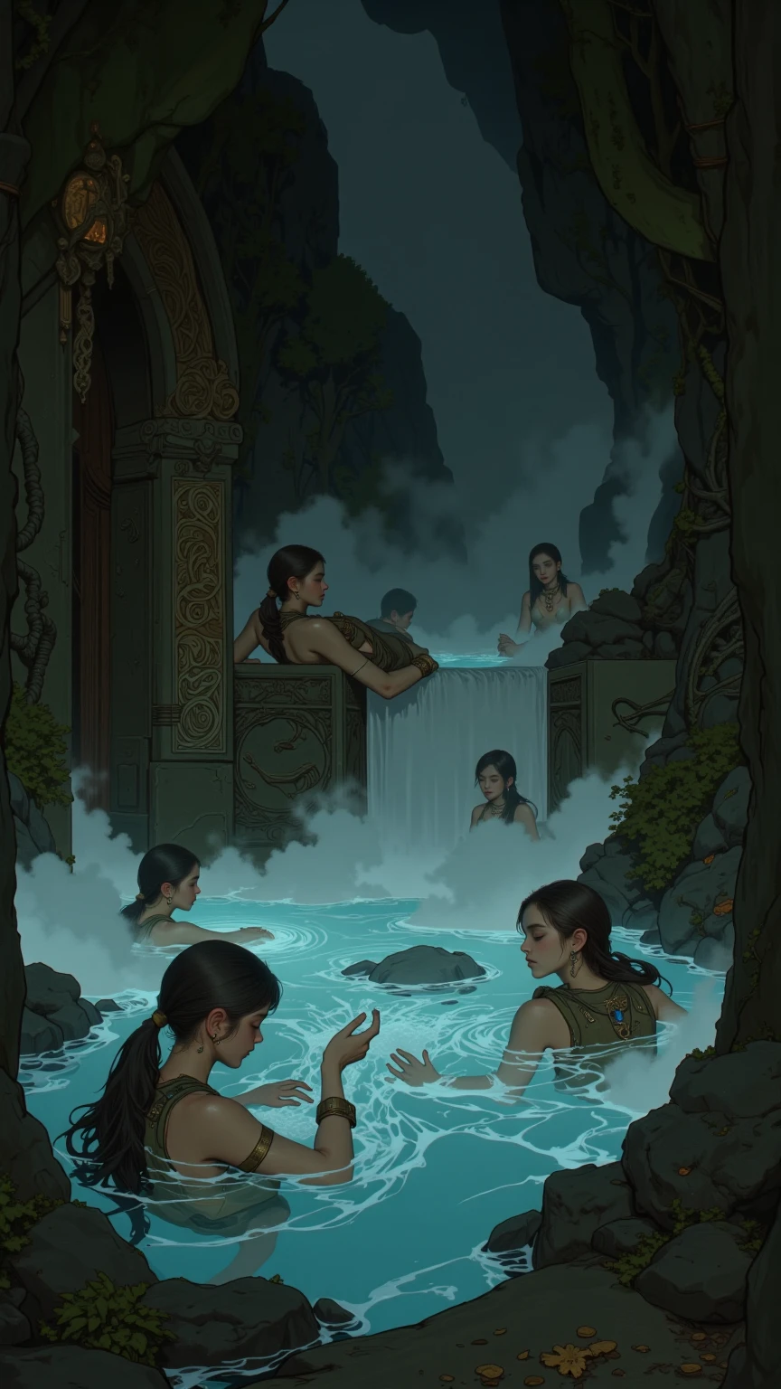 A cinematic medium shot of three teenagers - two girls and a boy - dressed in blue tabards, exploring a swamp at night near an ancient temple. The background is filled with intricate details, including moss-covered stones, twisted trees, and eerie mushrooms. The lighting is cinematic, with rim light backlighting and beautiful faces with piercing eyes.