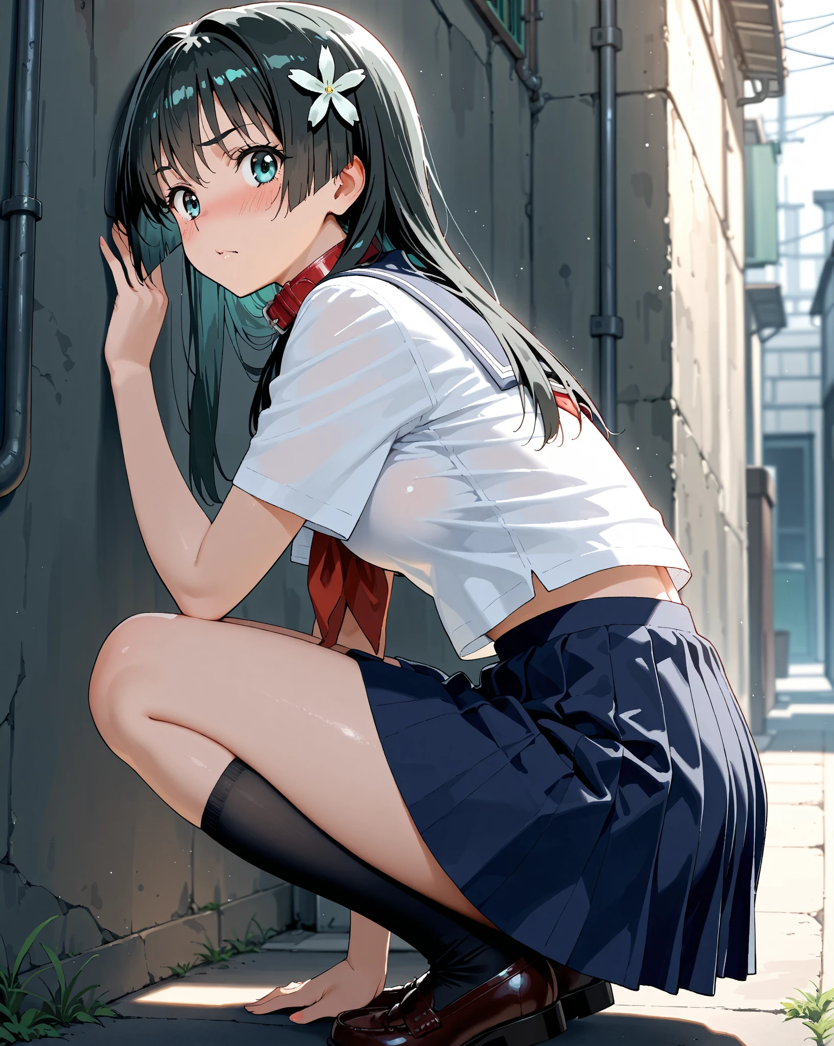 masterpiece, ultra quality, ultra sharp, ultra detailed, 1girl, solo, (((good anatomy))), haduki kurumi, (tattered torn dripping wet white gym shirt), navy gym pants, animal ears, randoseru, name tag, Japanese anime pose, laugh, BurumaShorts, Buruma, Gym Uniform, (((lying:1.4, spread_legs, legspread, split_legs, spreading legs)), (randoseru backpack:1.4), (smirk smile), buruma, blue buruma, black buruma, (cameltoe), (tattered torn short sleeve white gym uniform with colored hem), (tiny nipples), (white long loose socks), strong lighting, legspread, bukkake, cum on clothes, cum on legs, cum on buruma, cum on bloomers,