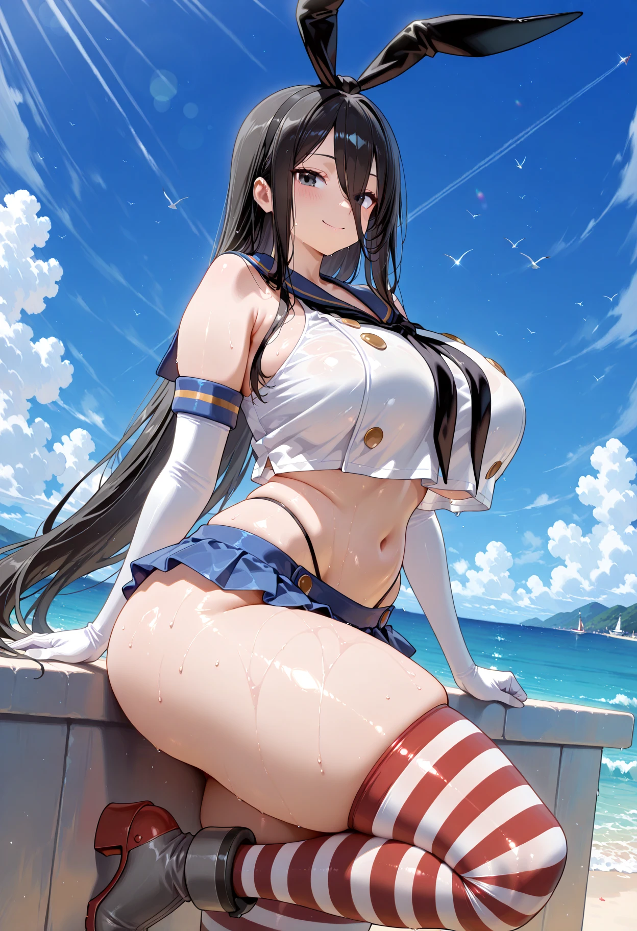 Atago, 1girl, solo, long hair, looking at viewer, fake animal ears, smile, breasts, city background, bare shoulders, closed mouth, portrait, skin tight outfit, casual, short skirt, leggings seductive, realistic, best quality, masterpiece, ultra detail, ultra high res, extreme detail, 8k, uhd, detailed