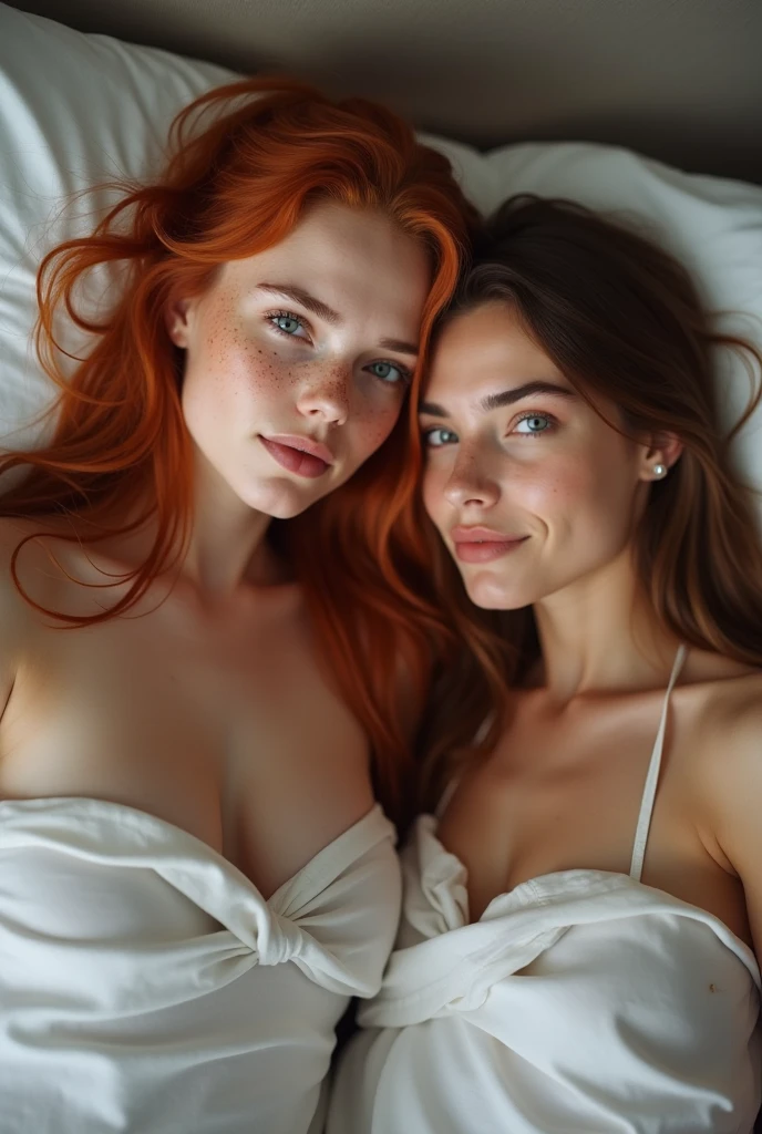 ultra realistic, photography, two girls: one with long straight red hair, 24 years old, hourglass figure, perfect body, natural medium breasts, she is naked, laying in bed on her back with her legs spread, the other one: long black straight hair, girl, 30 years old, hourglass figure, perfect fit body, natural big breasts, she is laying in bed on hear stomach with her head between the legs of the redhead
