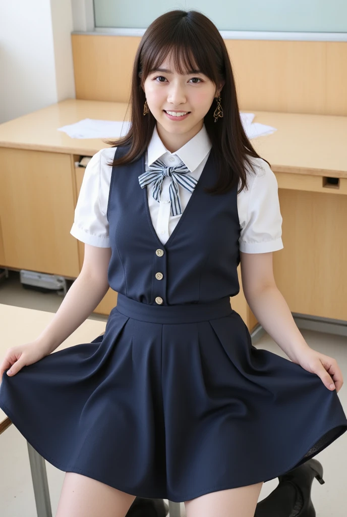(masterpiece:1.2, Highest quality), (Realistic, photoRealistic:1.4), Beautiful illustrations, (Natural Side Lighting, Cinema Lighting), Written boundary depth, 
Looking at the audience, Front view, 1 Girl, English, high school girl, 20-year-old, Perfect Face, Symmetrical cute face, Shiny skin, Spread your legs,
(Bob Hair:1.7,blonde), Asymmetrical bangs, Big eyes, Droopy eyes, long eyelashes chest), thin, 
Beautiful Hair, Beautiful Face, Beautiful and beautiful eyes, Beautiful clavicle, Beautiful body, Beautiful breasts, Beautiful thighs, Beautiful feet, Beautiful fingers, 
((High quality fabric, brown knit vest, Short sleeve white collar shirt, Navy Pleated Skirt, Navy bow tie)), 
(Beautiful views), evening, (Inside the flower shop), Are standing, (smile, Excellent, Open your mouth),  (((Skirt flip, No pants, Genitals are visible))), Full Body Shot, Dark blue socks, Sexy Face, Inverted nipples,