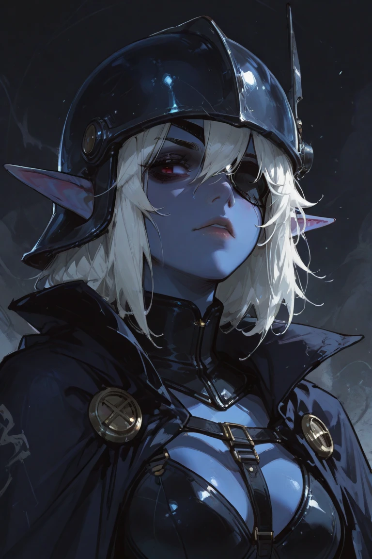 (((darkest dungeon style))), knee-length portrait, (dark darkest dungeon anime monster girl), ((gloomy darkest dungeon mermaid)), (sharp teeths), ((pale turquoise skin)), ((dark turquoise fish scales)), ((black sclera)), gray blue eyes, fish styled steel helmet, oceanic pikestaff, very dark background, (dark lighting), many shadows, cold lights