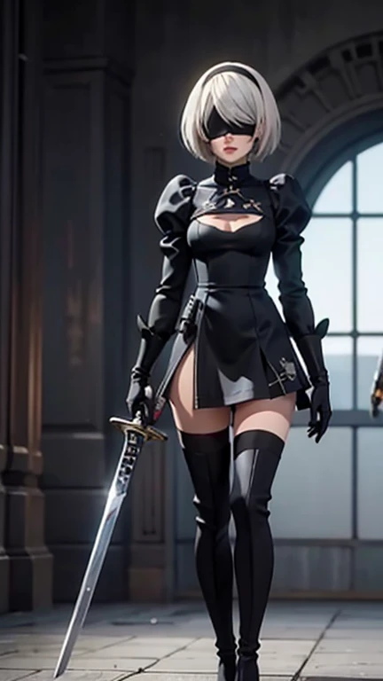 8K,Masterpiece,One woman,(Combat pose),Holding a naginata,A shy smile,30 years old,Blue Eyes,White Hair,Short Bob Hair,(Gothic Lolita),Dutch beauty,Ella Freya(Ella Freya),(White panties),2b, short hair, Knee socks, gloves, Long sleeve, dress, Slender figure, Cleavage, Small breasts, Gray Hair, hair band, boots, Puffy sleeves, black Knee socks, Black footwear, Mole, black dress, High heels, leotard, Clothing cutouts, thigh boots, Cleavage cutout, black hair band, Juliet Sleeve, high heel boots,