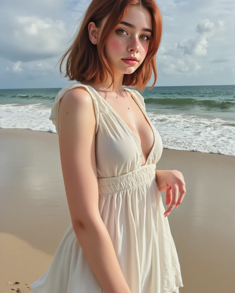 Young redhead girl with green eyes dressed in a long light white dress on a dune at sunset