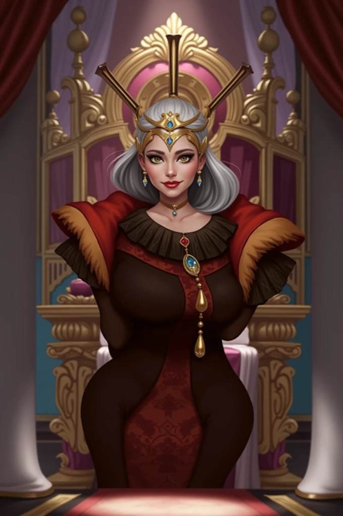 Young man. White hair is tied up in a bun. White fox ears and white fox tail. Sharp look. Haughty. The pupils are amber in color. Lips are plump. Lips are scarlet. Smirk. Thin waist. A slim body. Feminine. White kimono with gold pattern. Silver accessories, earrings, rings, bracelets, chains. Sits on the throne.