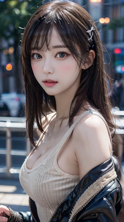 (8K, RAW photo, highest quality, High resolution:1.1), (hyperrealistic:1.4),(realistic, photorealistic:1.3), soft light,girl,realistic face,realistic body,realistic skin,disorganized,masterpiece,(cute:1.8),(big:1.2),sexual expression,鬠红,off shoulder knit,cleavage,film grain,cherry color lip,wet hair, close,viewers watching,long hair,whole body,upper teeth, Depth of bounds written, blurred background,focus of the eye,young,85mm lens,f/1.4,professional lighting,portrait,photon mapping,Physically based rendering,tattoo,embarrassing,Transparency,
