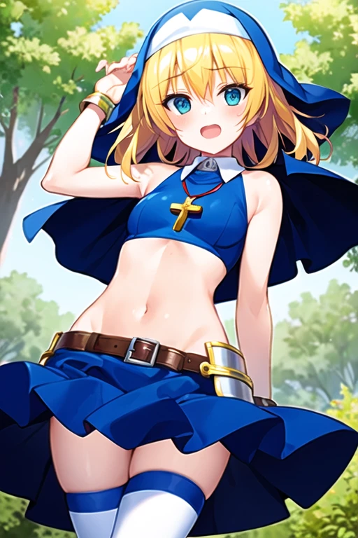 (masterpiece:1.5), highest quality, (1 girl, alone),
Sourin, 1 girl, alone, blonde hair, arms, gatling gun, cross, blue eyes, 鎧ed dress, abdomen, belly button, gauntlet, nun, habit, , extreme arm, long hair blush, ( outdoor, forest, dynamic pose, looking at the viewer, ) 