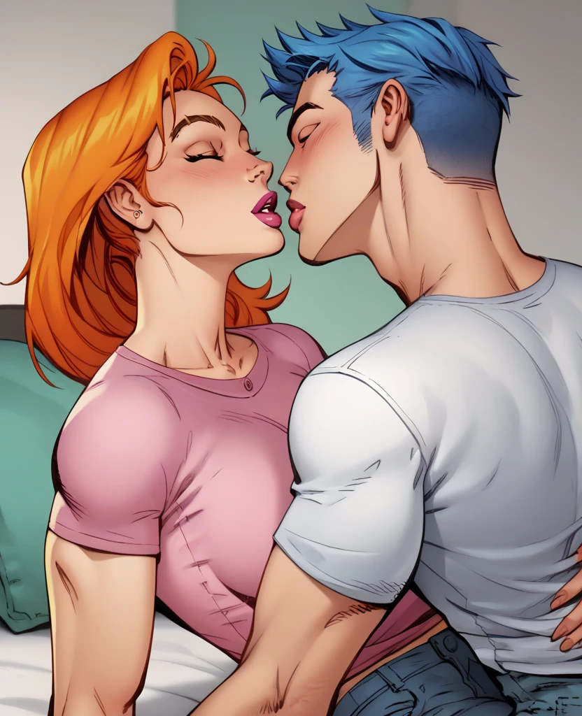 uma mulher ruiva com cabelos longos, beijando o homem novo e magro sem camisa