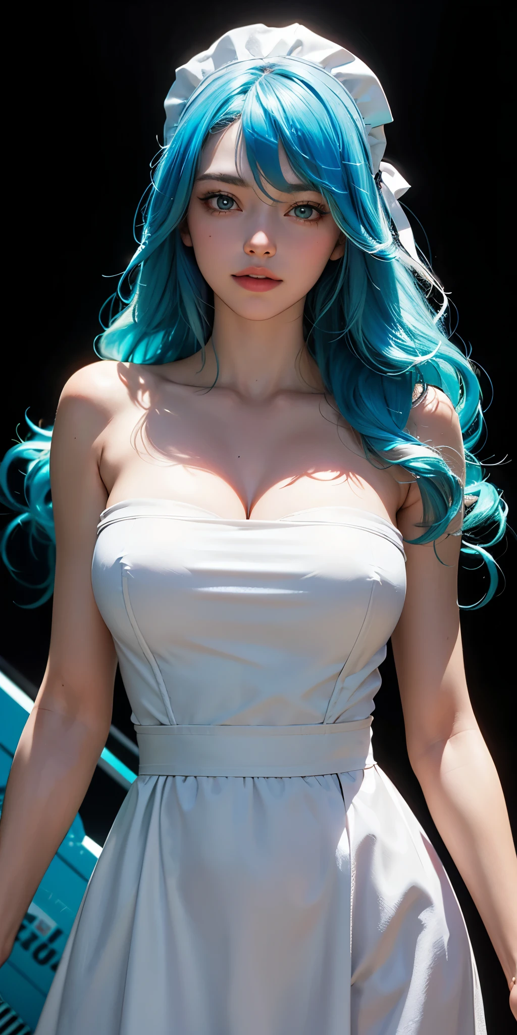 ultra realistic 8k cg, masterpiece, ((ultra detailed background, delicate pattern, intricate detail)), (highly detailed, fine details), best quality, (photorealistic:1.4),beautiful lighting,  absurdres, RAW photo, film grain, ((large breasts, slim waist)), Yamato, long hair, 1girl, horns, white hair, solo, oni, red horns, curled horns, hair ornament, (multicolored horns), jewelry, earrings, japanese clothes, kimono, hair stick, sleeveless, bare shoulders, aqua hair, sidelocks, hoop earrings, orange frill skirt and white crop top shirt, ((orange eyes, slim waist, large breasts)), (complex detailed background, barren land, moon), (head to toe, orange thigh highs, full body shot)