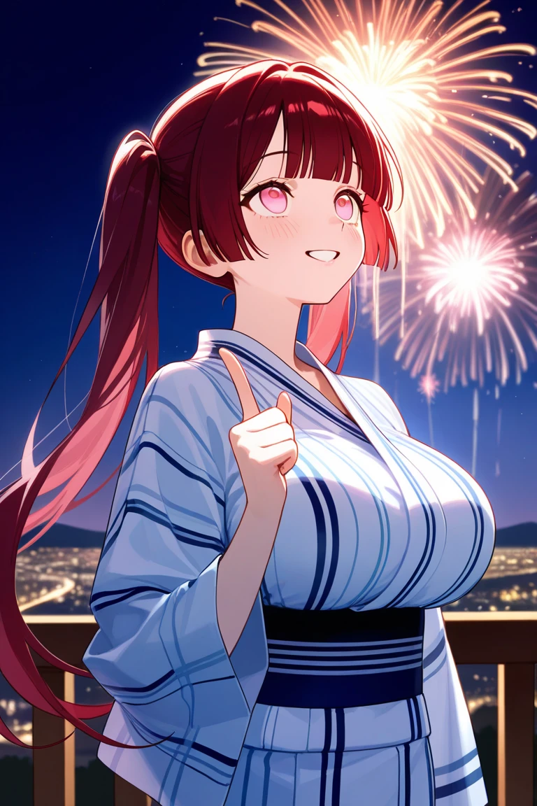 highest quality、High resolution、detailed background、clearな10代の美少女、clear、(huge breasts:1.5)、(night view、firework、from the top of the pleasure boat:1.2)、Look at me happily、
Yukata with bright colors and patterns、pink or light blue cherry blossom pattern、cute hairstyle、tie hair、bun hair、emphasize the chest、emphasize cleavage