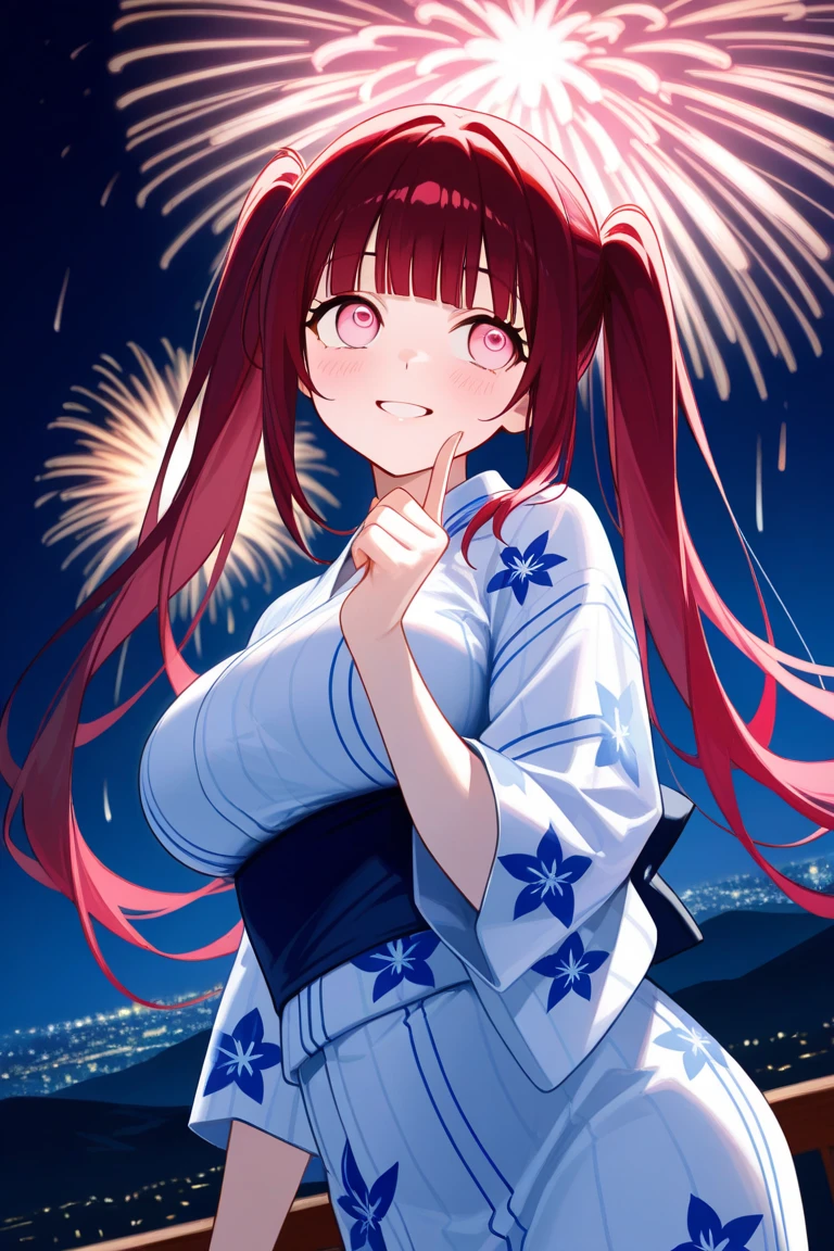 masterpiece, Highest quality, Asuka Langley,Reddish brown hair, One girl,Beautiful Eyes,yukata,Spread your legs,sexy,Fireworks display