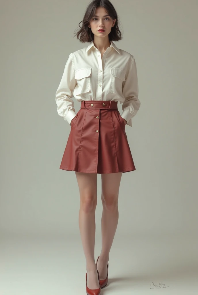red dyed hair using a white tight caffarena. black skirt. black knee high boots. Black stockings. Instagram style photo, detailed face, UHD, front view