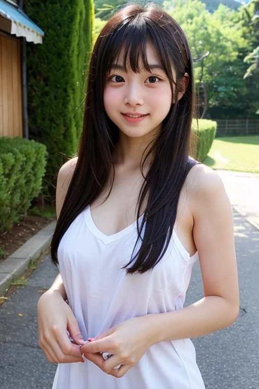 Higher image quality、More realistic、Japanese、10Women in their early teens、Big Breasts、How tall are you145cm、A super mini thin white tank top、The tank top is too small and her chest is sticking out、The bottom is a white high leg leg, showing her skin.、naked、Crouching posture、Spread your knees from side to side、公園のベンチの上でCrouching posture、