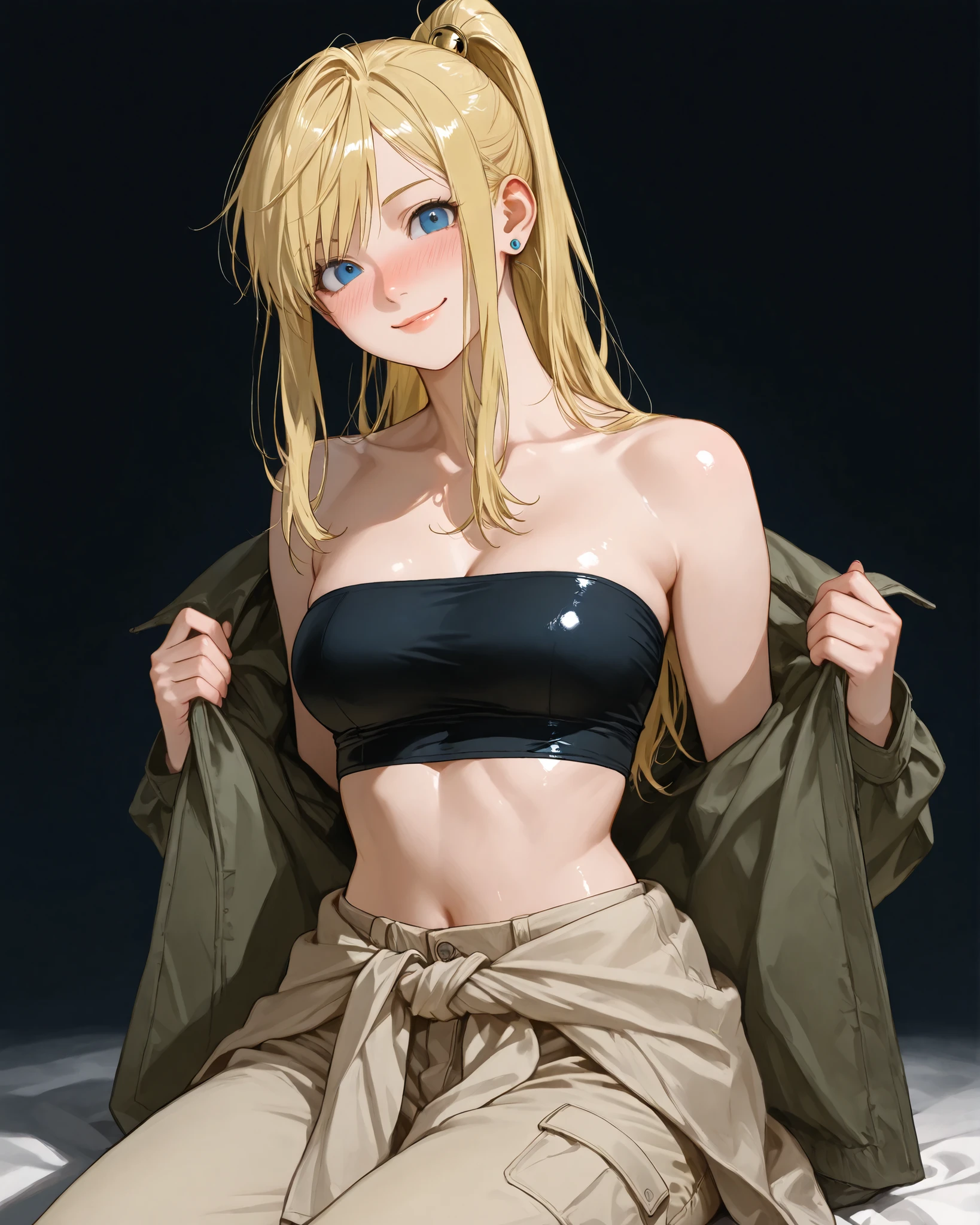 closeup, Sluisap, eyes、usnr、GBF_style、748cmstyle、32K、Semi-realistic、 super detailed description 、Artwork、Original Works、 detailed color、 detailed eyes、 detailed lips 、 The Greatest Masterpiece、Professional work、normal Breasts、 sexy、 Fullmetal Alchemist character , Windy Rockbell , Windy Rockbell , (Windy Rockbell :1.3 cosplay ) , dark background , cowboy shot, , full frame , full length , shiny body, sexy ,( full body view1:3), , full body view , blue eyes color , normal breast , looking at the viewer , smile , black tube top , circular blue stud earrings , beige mechanic pants with large pockets, and a jacket tied around the waist, golden blonde hair , long hair, hair tied in a high ponytail , side -swept bangs frame the face , blue eyes , sitting , removing her jacket , nose blush