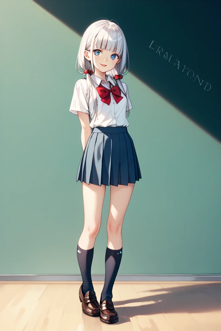 Silver-haired blue eyes、 girl、Small breasts、Twin tails、Laughter、Nico Nico Smile、Wink、 girl、Looks about 15 years old、Petan Musume、short、There are highlights in the eyes、Gal-like appearance、Wearing piercings、She leans forward and seduces、Sexy short sleeve outfit、mini skirt、Her panties are visible through her skirt、It's very hot and I'm sweating、Showing off her chest