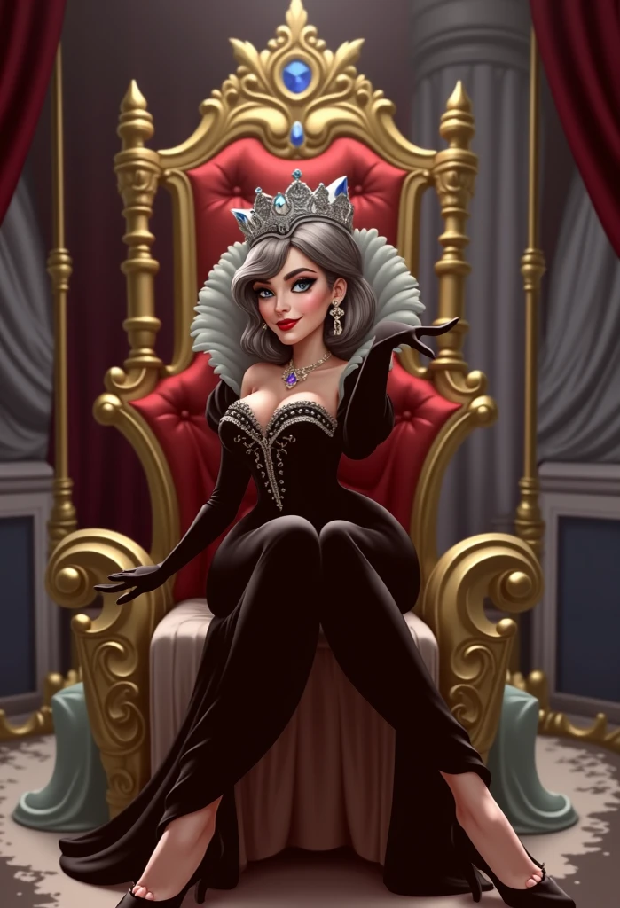 MaleficentWaifu, green eyes, black dress, long sleeves, long dress, looking at viewer, serious, smiling, sitting, legs crossed, on throne, inside castle, cobblestone, high quality, masterpiece, <lora:Malefica_character:.7>