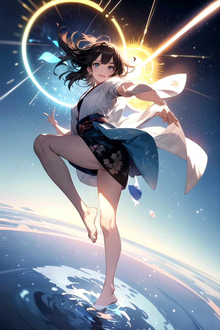 best quality, 8k, a white lady with blue flames on parts of its body lying on a moon, clouds scene