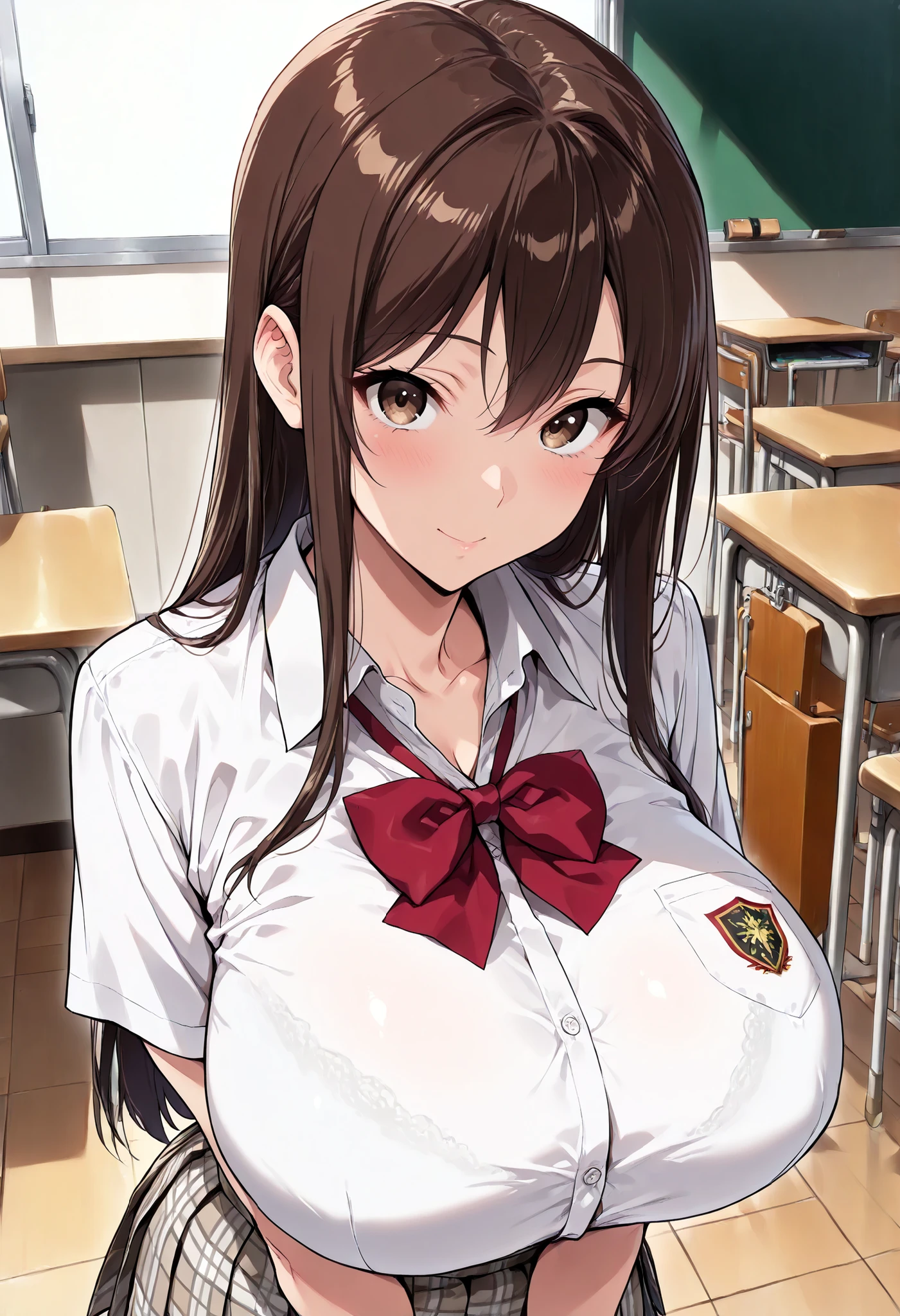 (masterpiece, 8k, super high resolution, absurd:1.2), 1 Japanese woman, 10th Generation, (brown hair long, straight hair), Beautiful Character Designs, perfect contrast, Anatomically Accurate, perfect face, Beautiful and delicate eyes, expressive eyes, brown eyes, (school uniform, plaid skirt), (huge breasts), (pretty shaped ), In the classroom