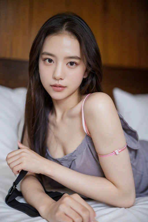 best qualtiy，tmasterpiece，A high resolution，1girll，Printed slip nightdress，Slip nightdress，Slip nightdress，hair adornments，choker necklace，jewely，beautiful face，Red high-gloss lipstick，Physically，Sitting on the bedside，sitted，Dingdall effect，realisticlying，Dark Studio，edge lit，twotonelighting，（highdetailskin：1.2），8K Ultra HD， Digital SLR, softlighting, high high quality, volumettic light, sneak shot, photore, A high resolution, 4K, 8K, Background bokeh,
