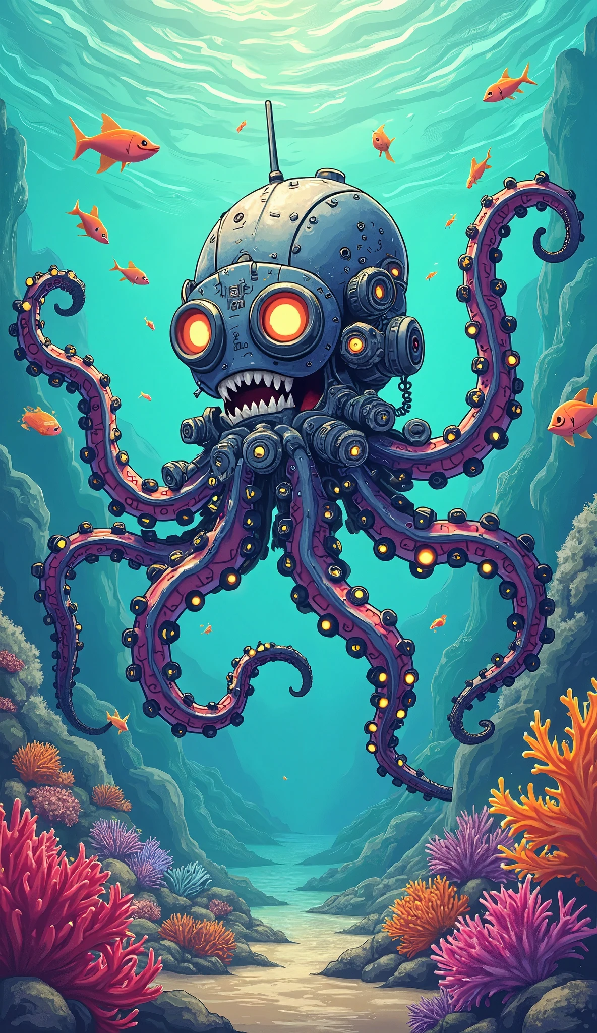 abyssal creatures dancing under the sea, PSYCHEDELIC, love craft, ruins,dj wearing diving suit, undersea, scary fish, rave , Giant Octopus, crowd ,pirates, giant speaker, cerulean,Violette,Pink,Unripe, orange