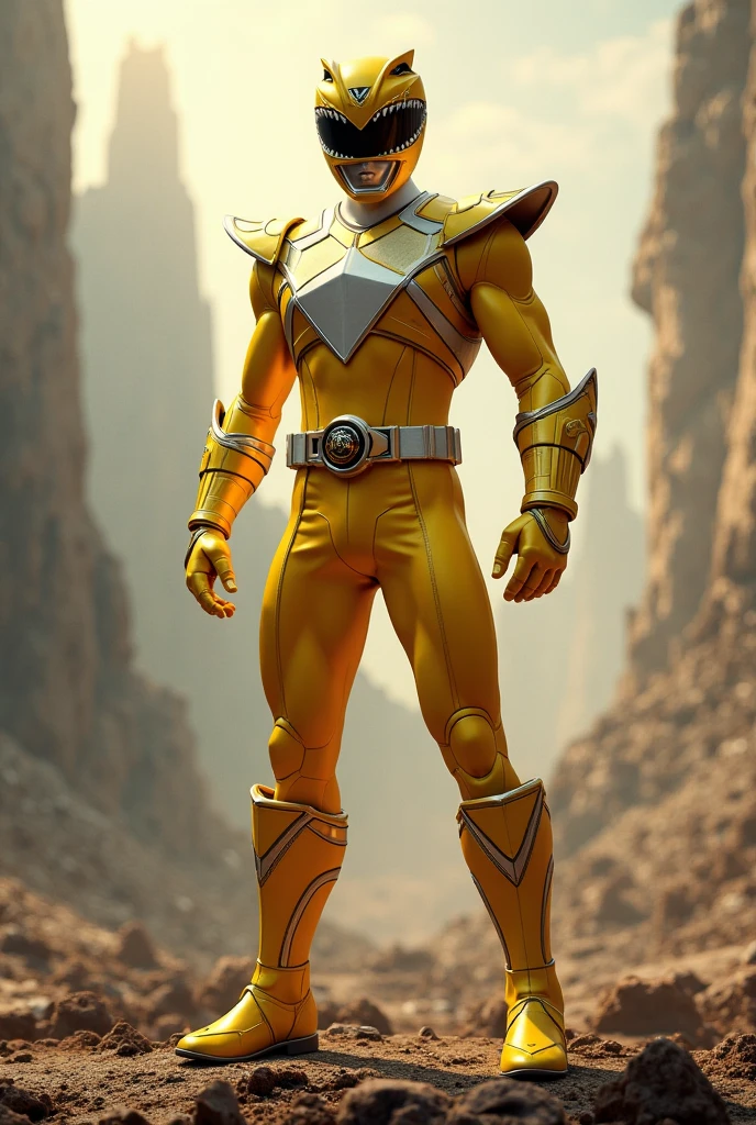 tall person in
gold spandex powerranger suit with a white diamond pattern a hexagon belt buckel with gold gem in center of buckel gold helmet no extra on belt no white lines on gloves