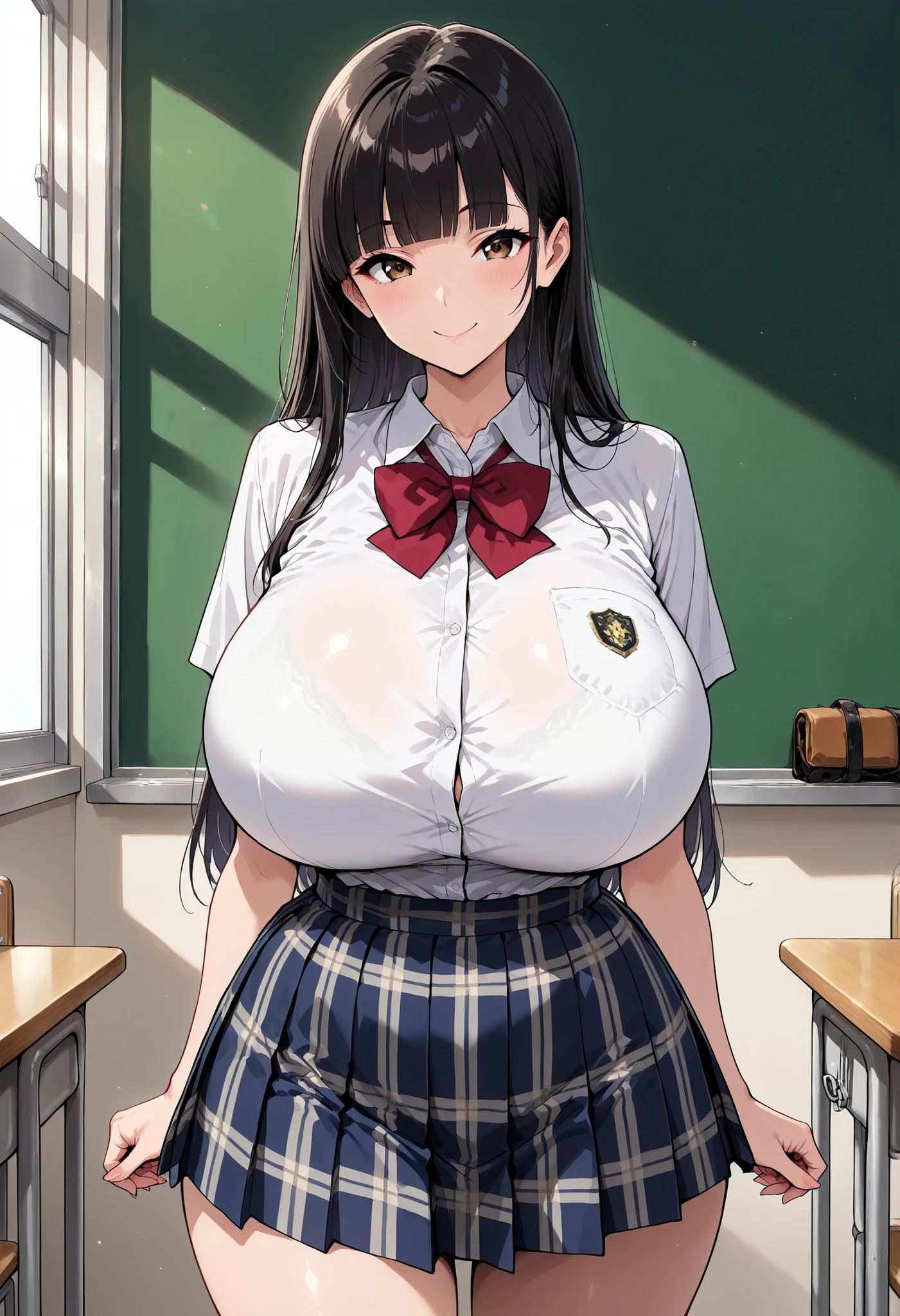 (masterpiece, 8k, super high resolution, absurd:1.2), 1 Japanese woman, 10th Generation, (black hair long, straight hair, blunt bangs), Beautiful Character Designs, perfect contrast, Anatomically Accurate, perfect face, Beautiful and delicate eyes, expressive eyes, brown eyes, Smile, (school uniform, plaid skirt), (huge breasts), (pretty shaped ), Thin Waist, wide hips, In the classroom
