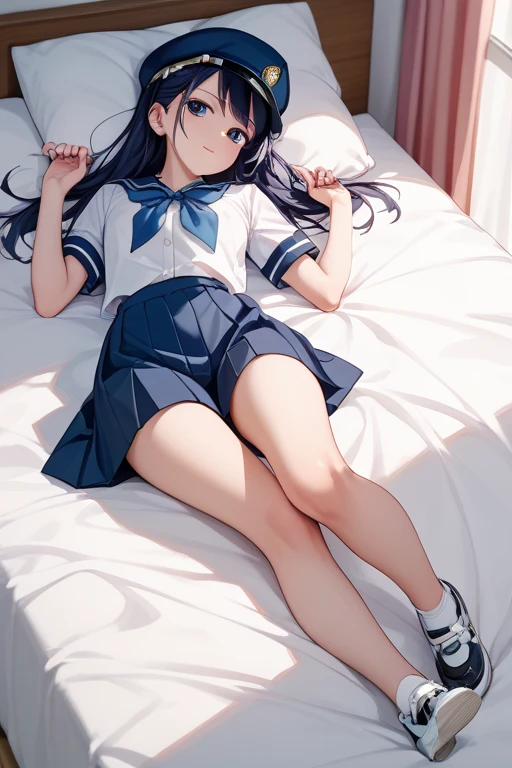 inspection well, through bangs, black hair color hair, Purple pupils,a sailor suit,Superskirt,The barefoot,Medium build,Expose the collarbone,of shoulders,Naked crotch,showing waist,Lying shyly on the bed, face flushed, sigh,Very shy, super detailing, 16k, Best quality at best, A high resolution, Award-Awarded, high high quality, super detailing, high detal, Anatomically correct, tmasterpiece, hyper HD,long whitr hair,Ray traching, 电影灯光,Cinematic,anime figure,female bodieeautiful eyes beautiful thighs,Cinematic texture,this is it,Nervous,扯开a sailor suit,vivy's part