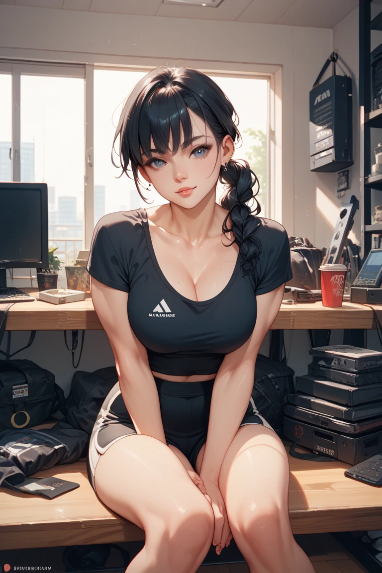 (stripping:1.2),(sexy:1.3),( woman:1.2),(shoulder length black hair),(black tank top),(green jacket and skirt),(enticing),(passionate),(office background),(sitting on desk),(desperate)