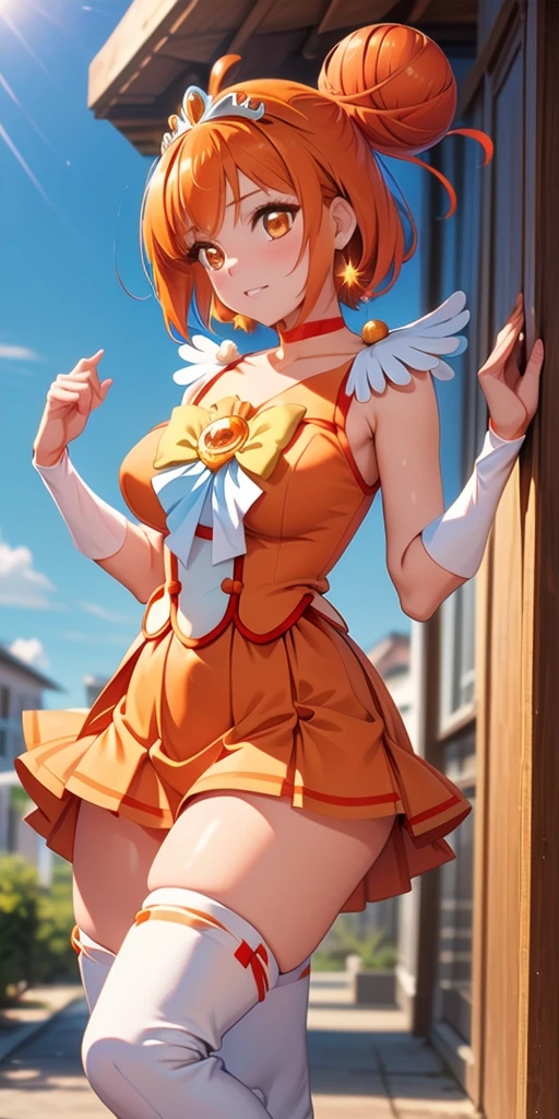 (Masterpiece, plain background:1.2, far shot view from below angle,1chica 1solo) de pie cuerpo completo, mujer madura, sunny_a, orange eyes, orange hair, single bun hair, feather hair ornament, tiara, orange choker, cure sunny costume, orange shorts under skirt, orange shorts, boots
