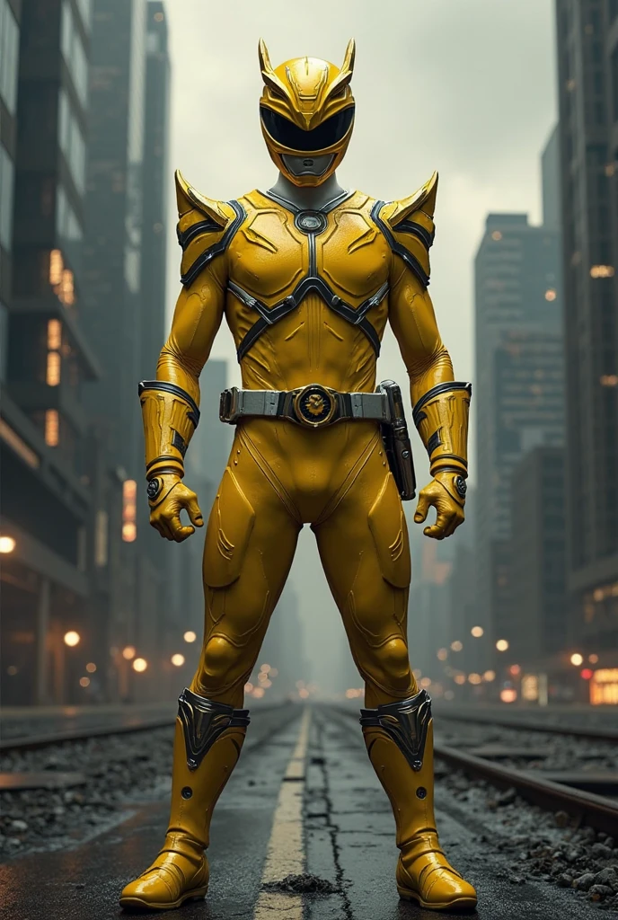 Full body photorealistic handsome hunky masculine yellow Power Ranger,,unreal engine, extremely attractive male wearing yellow and silver scales transparent mesh bodysuit, with embosed " star " on the chest, with belt and gloves and helmet,,,extremely masculine physique, intricately detailed metal body armour, super bulge, realistic skin, in action, fantasy background